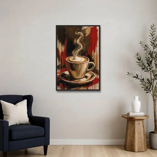 Coffee Station Decor with a Crimson Cappuccino - Black Framed Canvas Wall Art - Sofa - 24x36