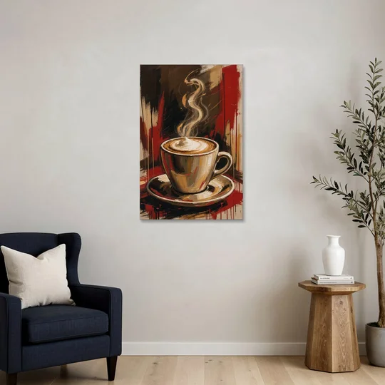 Coffee Station Decor with a Crimson Cappuccino - Canvas Wall Art - Sofa - 24x36