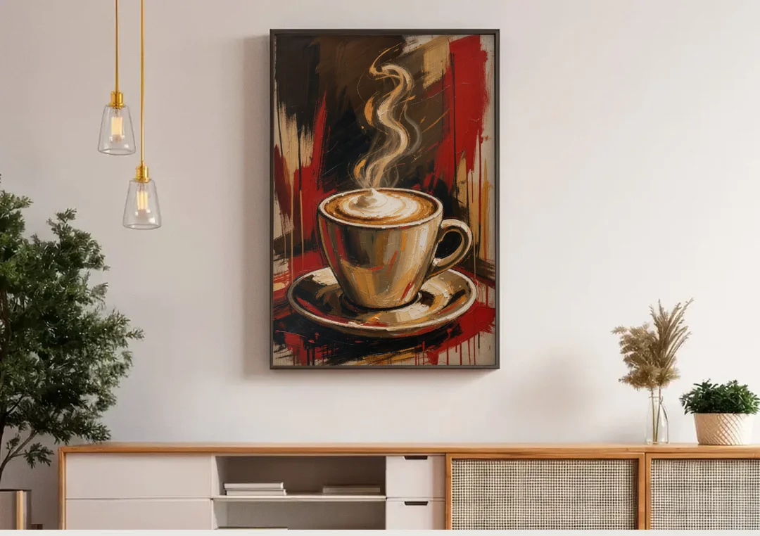 Coffee Station Decor with a Crimson Cappuccino canvas wall art above a wooden sideboard under pendant lights