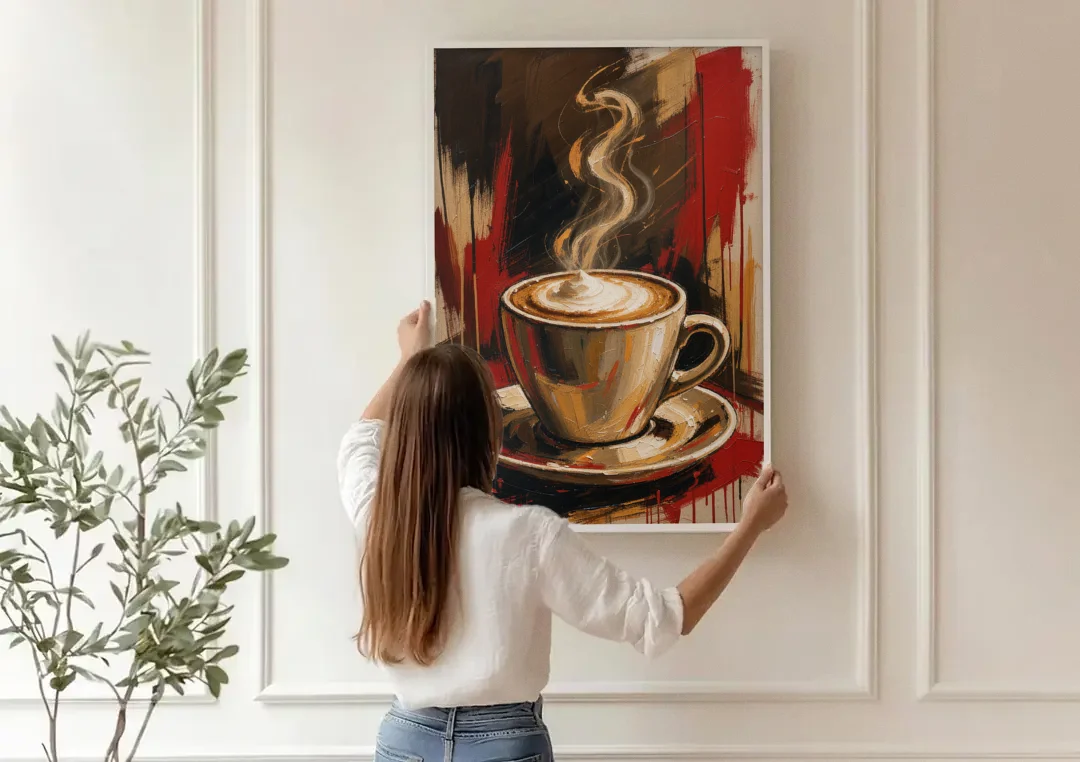 Coffee Station Decor with a Crimson Cappuccino canvas wall art being hung on a paneled wall