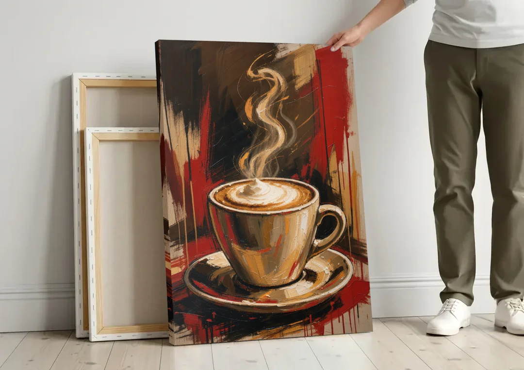 Coffee Station Decor with a Crimson Cappuccino canvas wall art leaning against a wall next to blank canvases