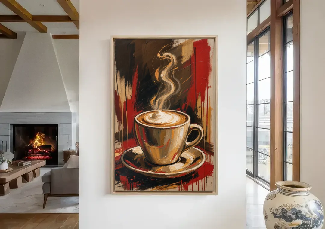 Coffee Station Decor with a Crimson Cappuccino canvas wall art in a living room with a fireplace