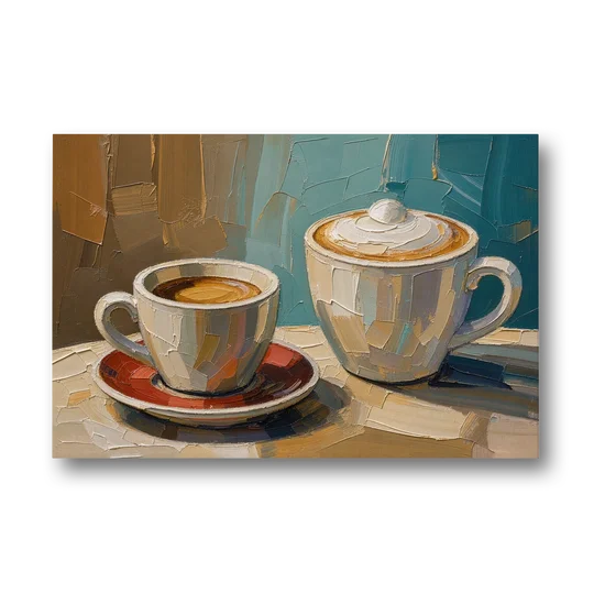 Coffee Still Life Painting Espresso and Cappuccino Duo - Canvas Wall Art - Front