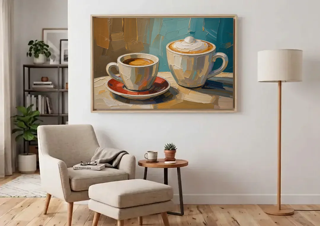 Coffee Still Life Painting Espresso and Cappuccino Duo canvas wall art above an armchair in a bright living room