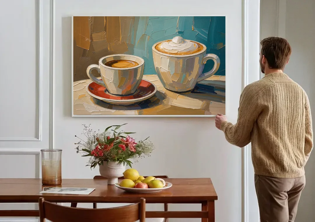 Coffee Still Life Painting Espresso and Cappuccino Duo canvas wall art above a dining table