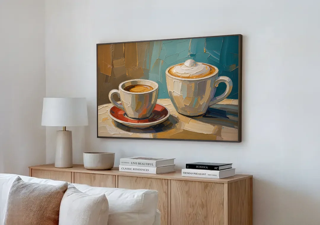Coffee Still Life Painting Espresso and Cappuccino Duo canvas wall art above a wooden sideboard next to a sofa