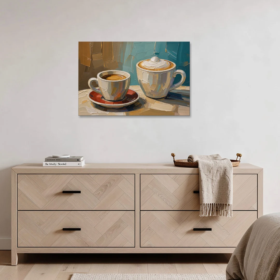 Coffee Still Life Painting Espresso and Cappuccino Duo - Canvas Wall Art - Coffee Table - 36x24