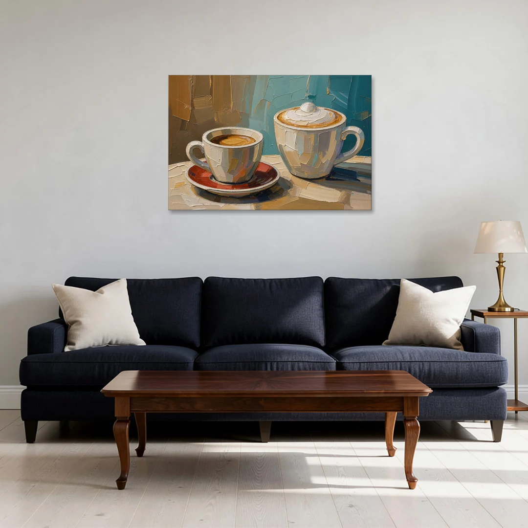 Coffee Still Life Painting Espresso and Cappuccino Duo - Canvas Wall Art - Sofa - 36x24