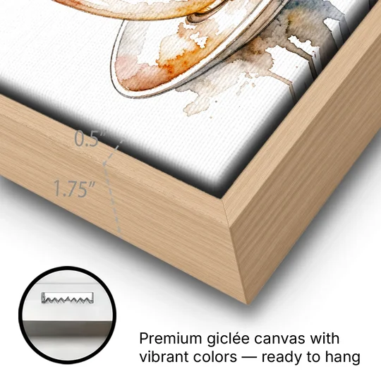 Coffee Watercolor Painting With Rising Steam - Oak Framed Canvas Wall Art - Gallery Wrap Corner
