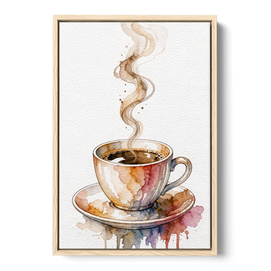 Coffee Watercolor Painting With Rising Steam - Oak Framed Canvas Wall Art - Front