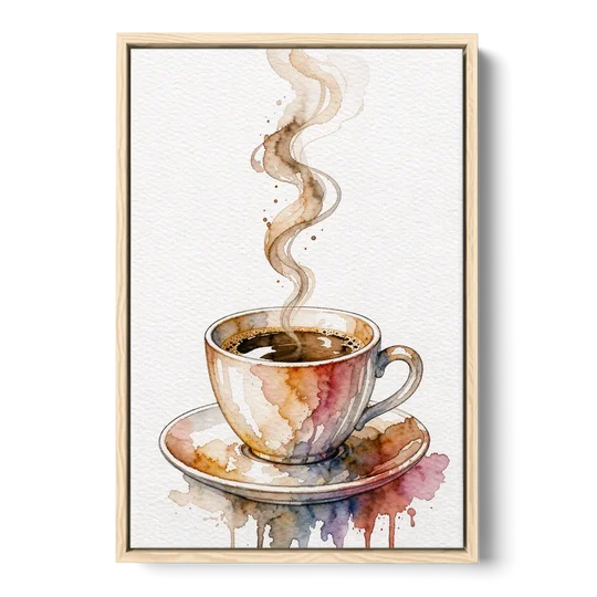 Coffee Watercolor Painting With Rising Steam - Oak Framed Canvas Wall Art - Front
