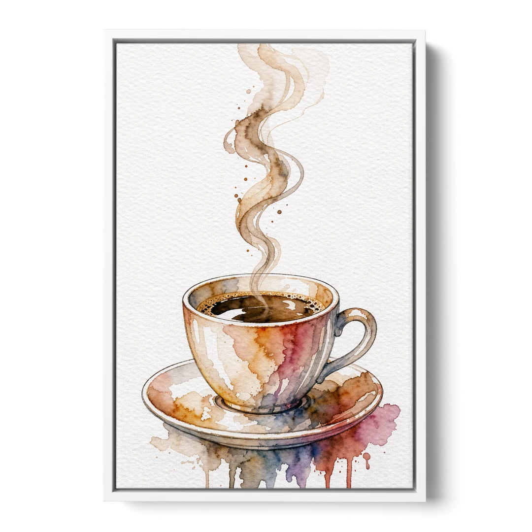 Coffee Watercolor Painting With Rising Steam - White Framed Canvas Wall Art - Front