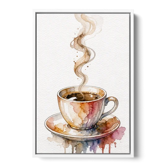 Coffee Watercolor Painting With Rising Steam - White Framed Canvas Wall Art - Front