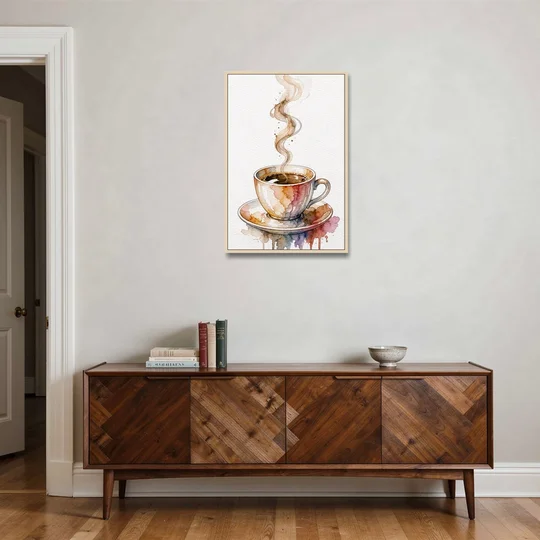 Coffee Watercolor Painting With Rising Steam - Oak Framed Canvas Wall Art - Coffee Table - 24x36