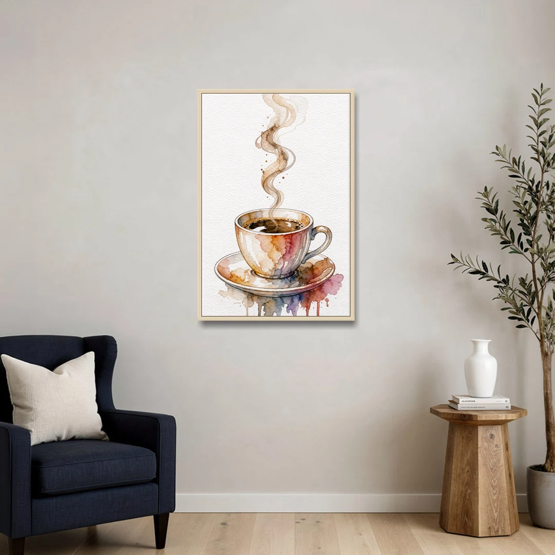 Coffee Watercolor Painting With Rising Steam - Oak Framed Canvas Wall Art - Sofa - 24x36