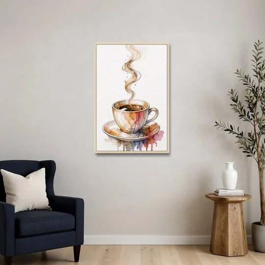 Coffee Watercolor Painting With Rising Steam - Oak Framed Canvas Wall Art - Sofa - 24x36