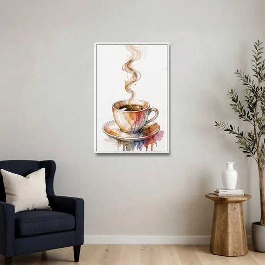 Coffee Watercolor Painting With Rising Steam - White Framed Canvas Wall Art - Sofa - 24x36