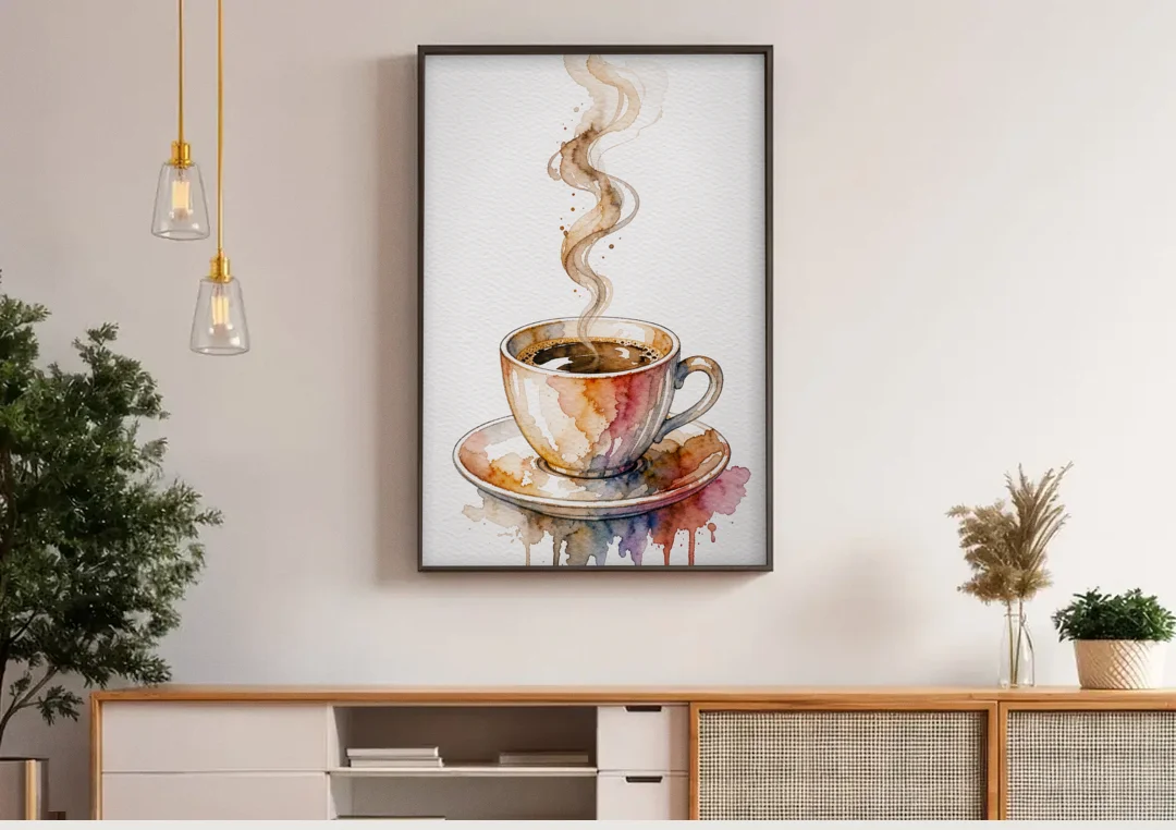 Coffee Watercolor Painting With Rising Steam canvas wall art above a wooden sideboard under pendant lights