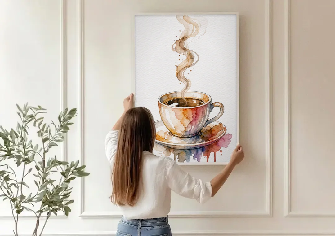 Coffee Watercolor Painting With Rising Steam canvas wall art being hung on a paneled wall