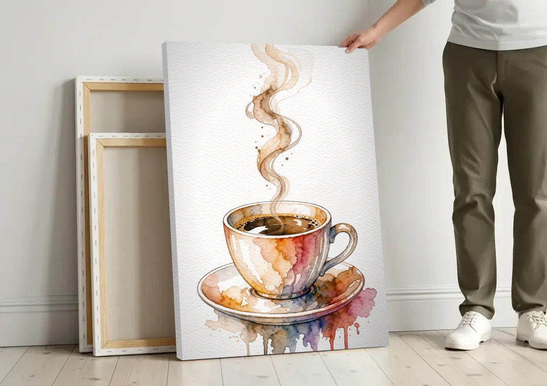 Coffee Watercolor Painting With Rising Steam canvas wall art leaning against a wall next to blank canvases