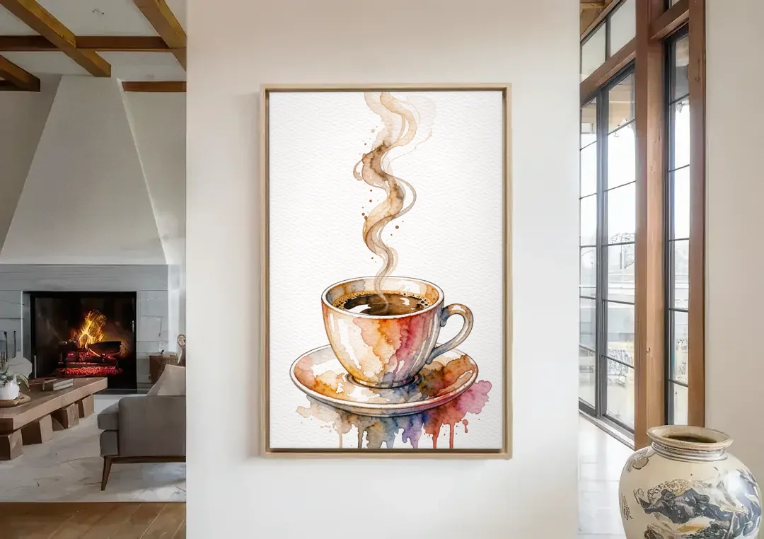 Coffee Watercolor Painting With Rising Steam canvas wall art in a living room with a fireplace