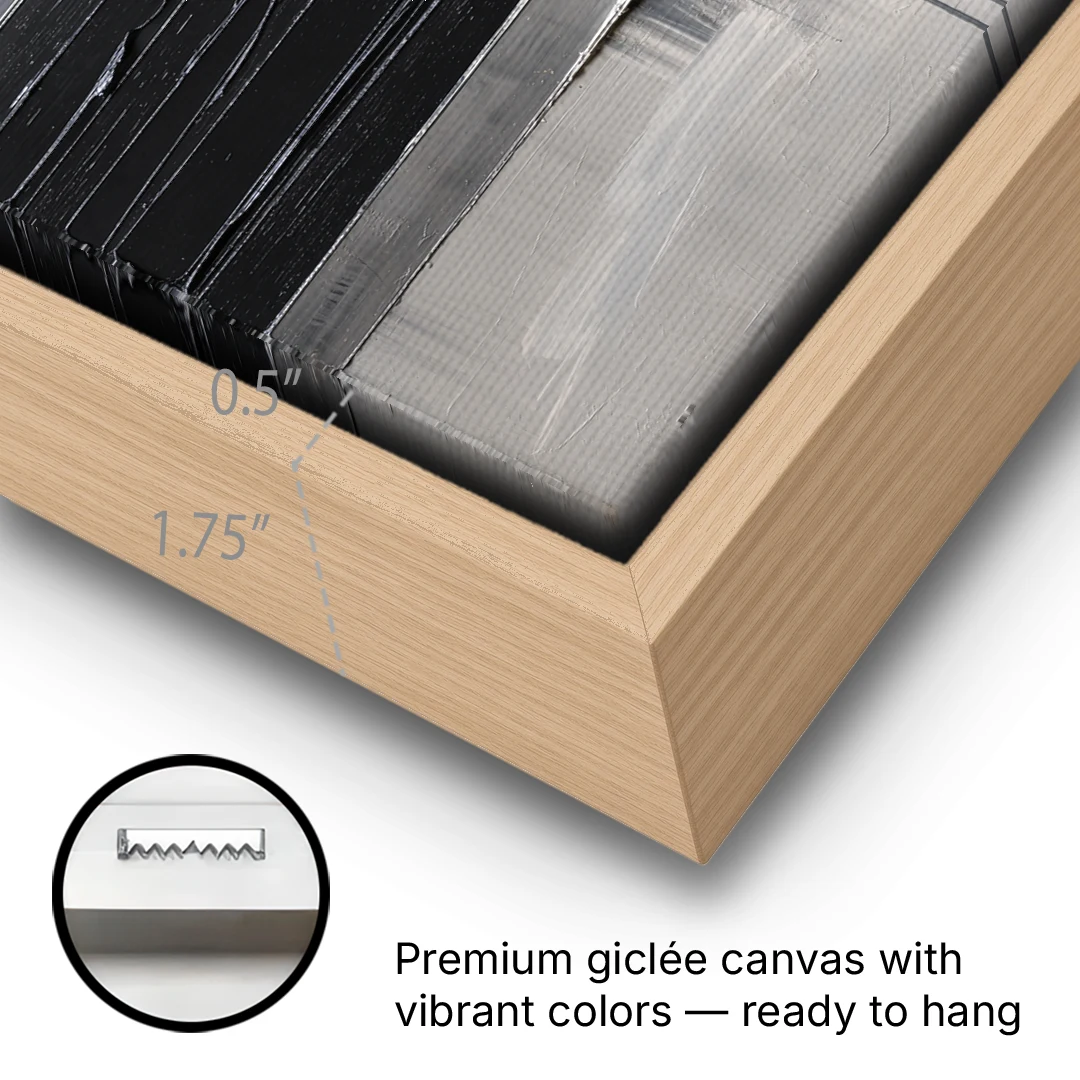 Contemporary Black and White Colliding Impasto Slabs - Oak Framed Canvas Wall Art - Gallery Wrap Corner