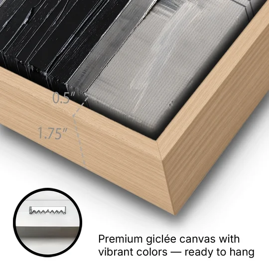 Contemporary Black and White Colliding Impasto Slabs - Oak Framed Canvas Wall Art - Gallery Wrap Corner