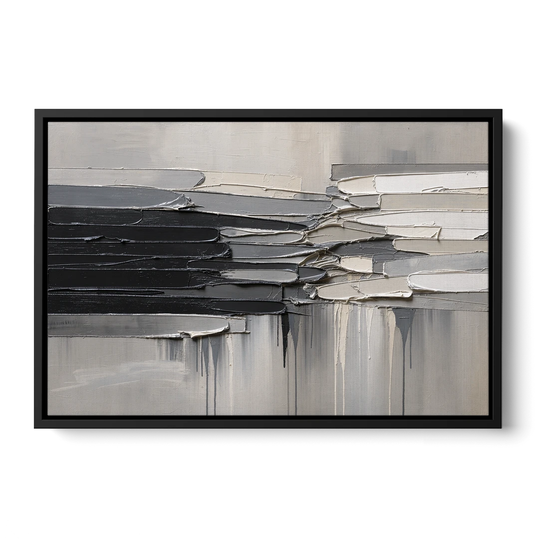 Contemporary Black and White Colliding Impasto Slabs - Black Framed Canvas Wall Art - Front