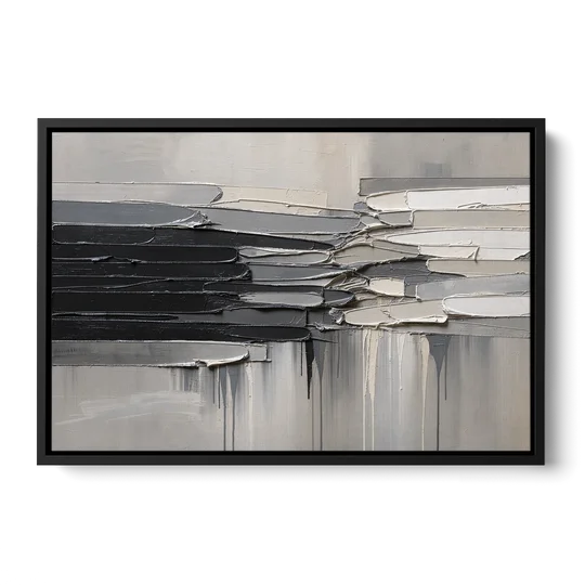 Contemporary Black and White Colliding Impasto Slabs - Black Framed Canvas Wall Art - Front