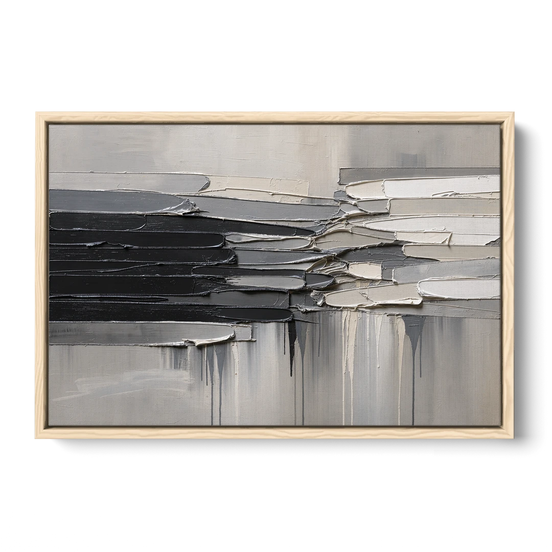 Contemporary Black and White Colliding Impasto Slabs - Oak Framed Canvas Wall Art - Front
