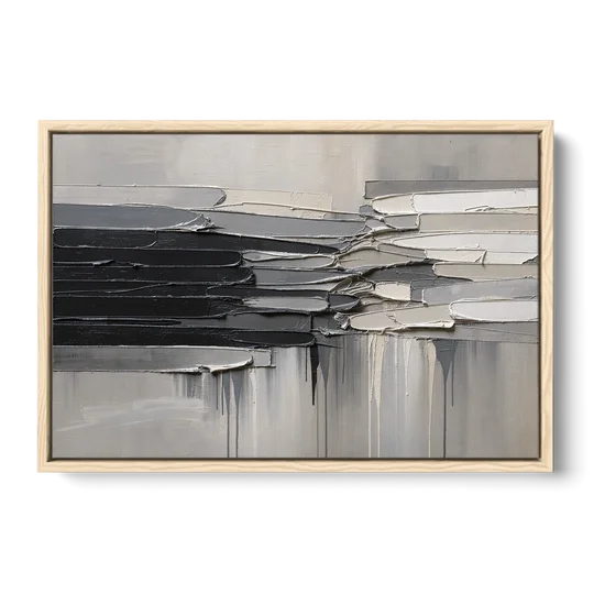 Contemporary Black and White Colliding Impasto Slabs - Oak Framed Canvas Wall Art - Front