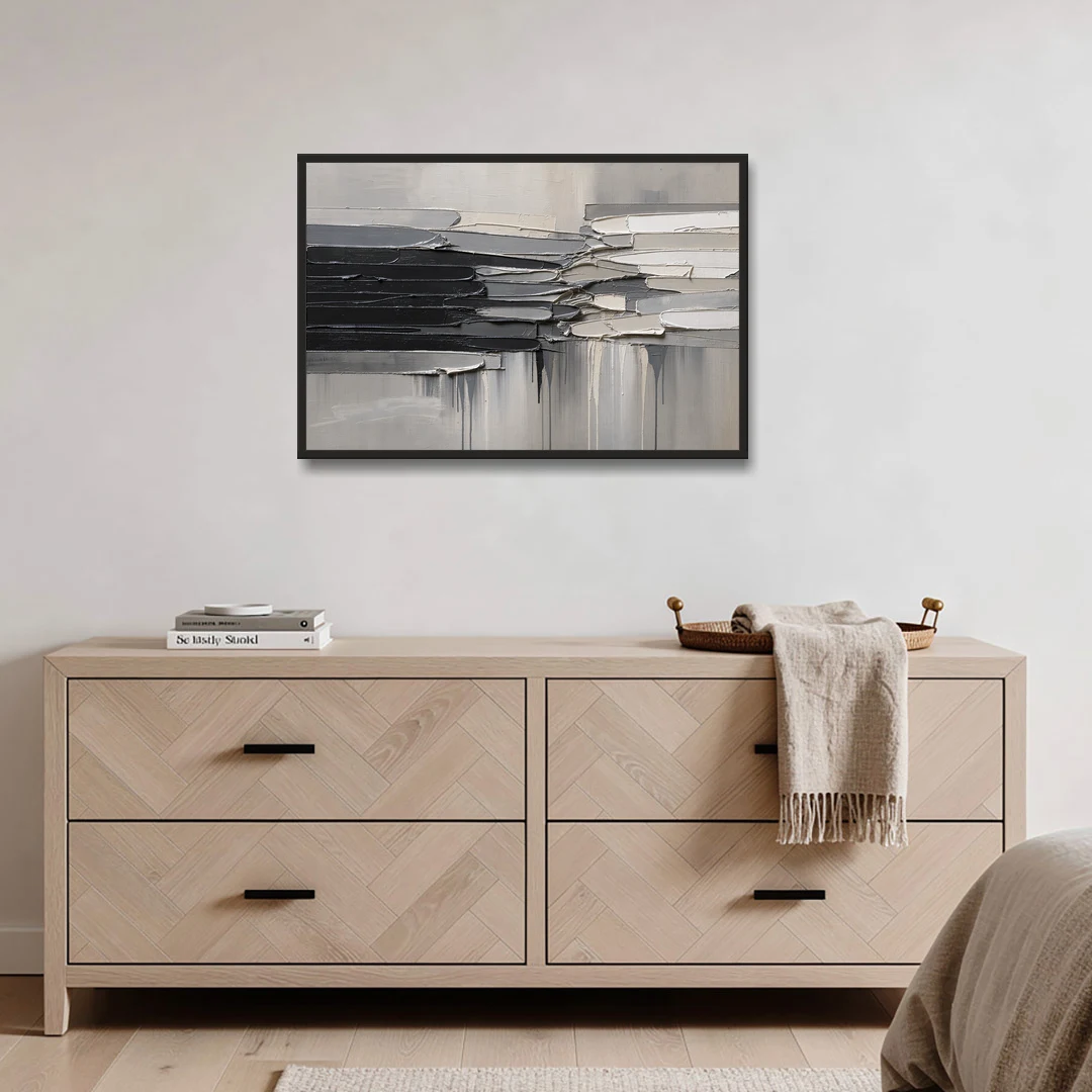 Contemporary Black and White Colliding Impasto Slabs - Black Framed Canvas Wall Art - Coffee Table - 36x24