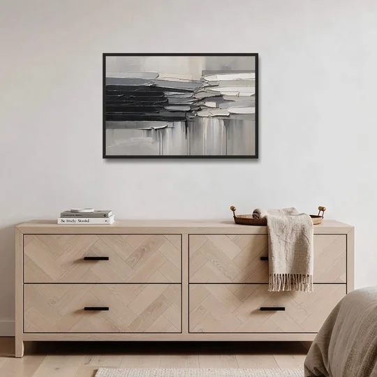 Contemporary Black and White Colliding Impasto Slabs - Black Framed Canvas Wall Art - Coffee Table - 36x24