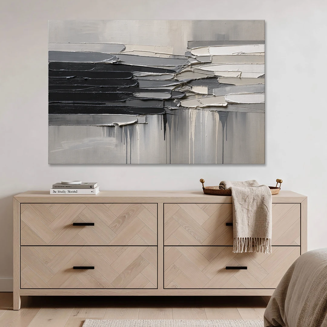 Contemporary Black and White Colliding Impasto Slabs - Canvas Wall Art - Coffee Table - 60x40