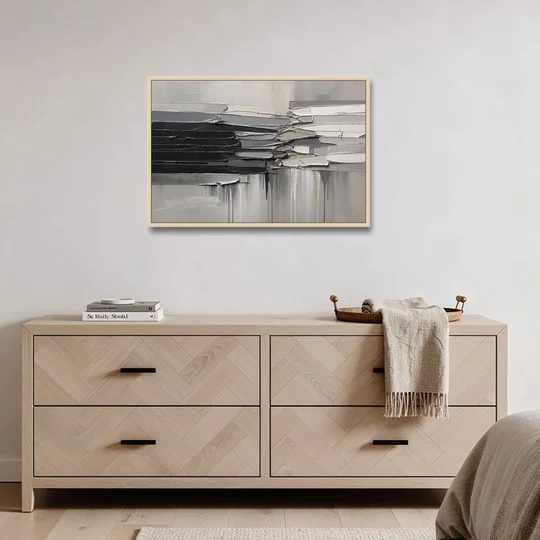 Contemporary Black and White Colliding Impasto Slabs - Oak Framed Canvas Wall Art - Coffee Table - 36x24