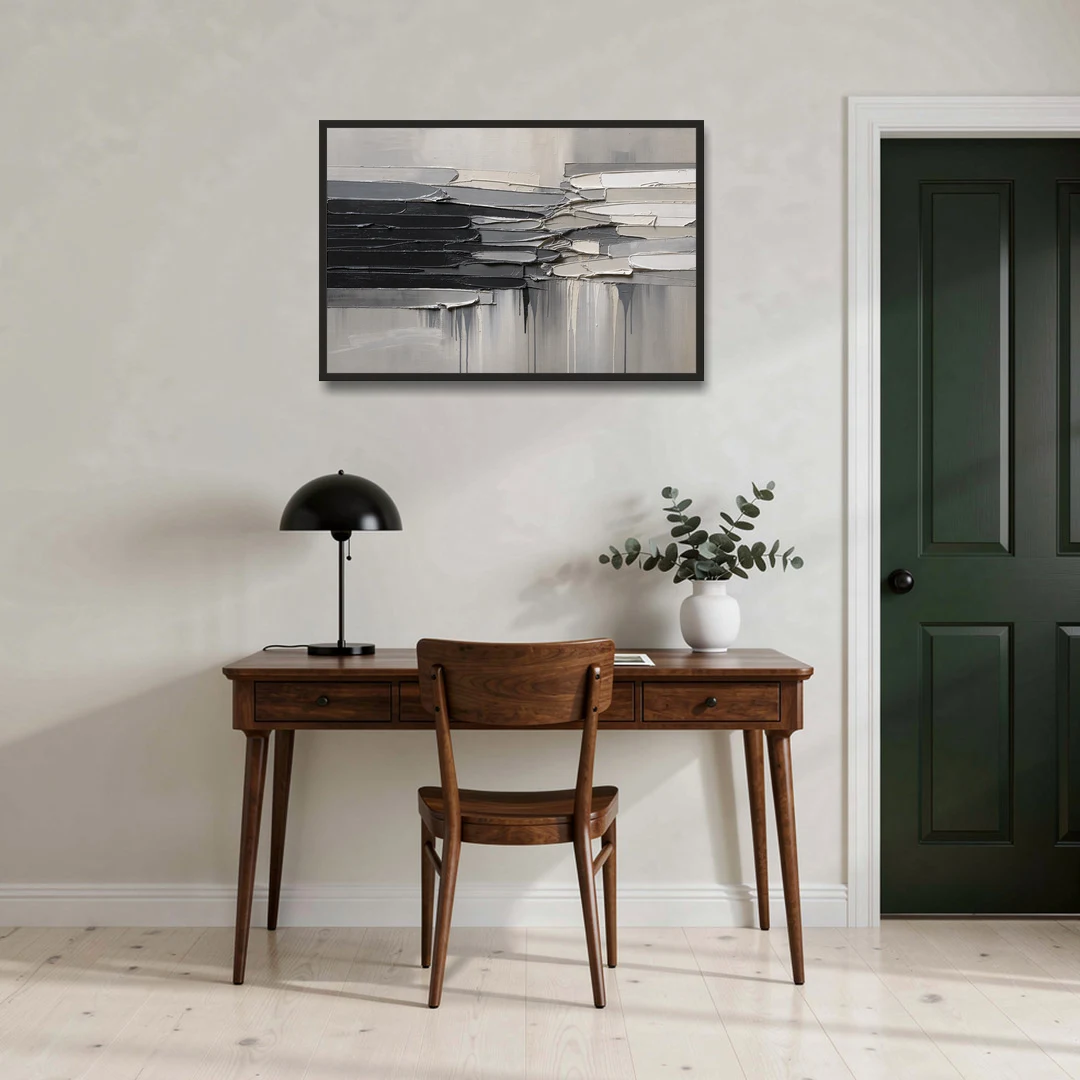 Contemporary Black and White Colliding Impasto Slabs - Black Framed Canvas Wall Art - Office - 36x24