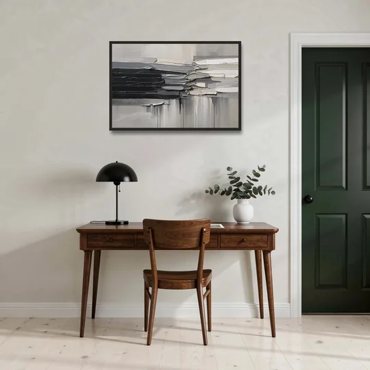 Contemporary Black and White Colliding Impasto Slabs - Black Framed Canvas Wall Art - Office - 36x24