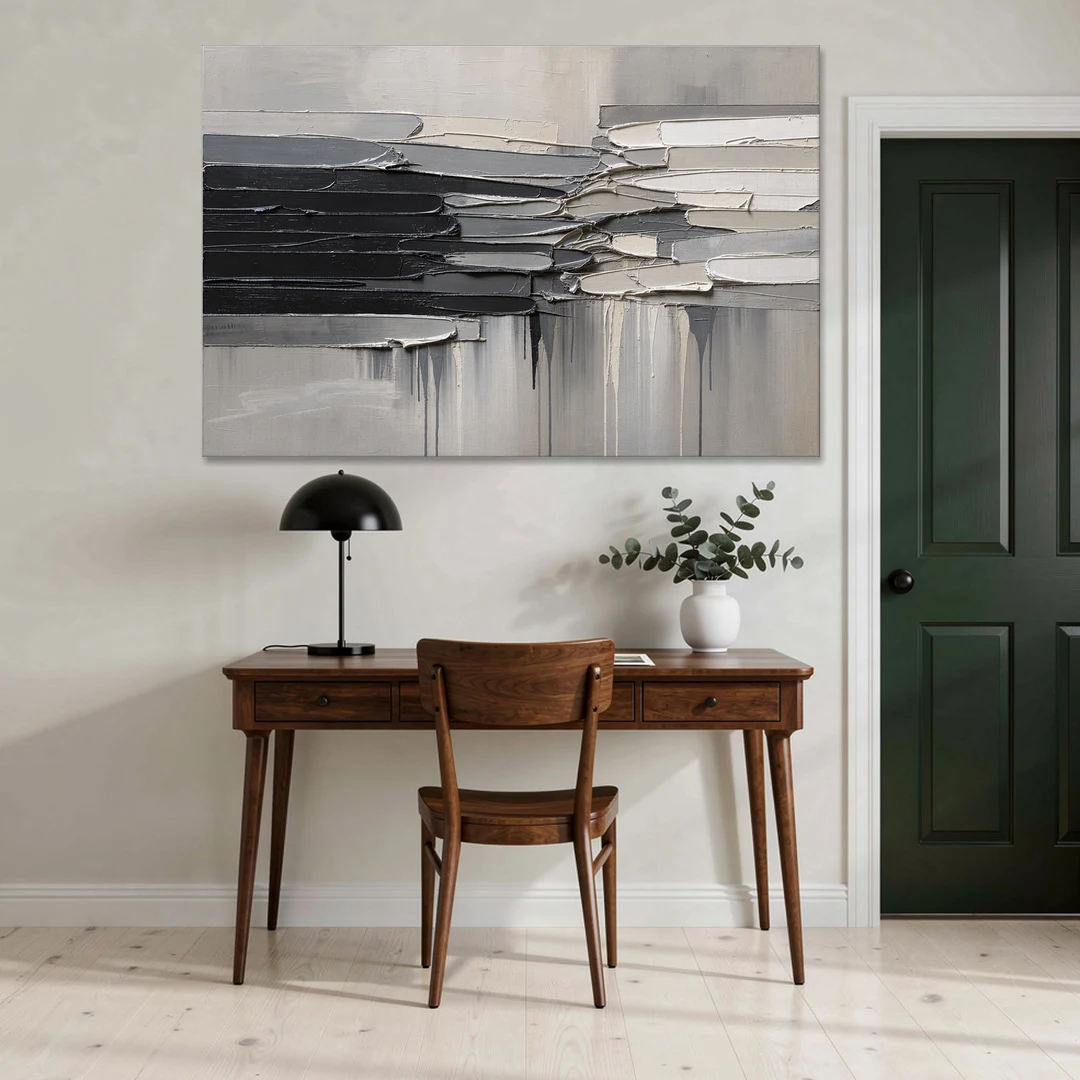 Contemporary Black and White Colliding Impasto Slabs - Canvas Wall Art - Office - 60x40