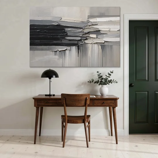Contemporary Black and White Colliding Impasto Slabs - Canvas Wall Art - Office - 60x40