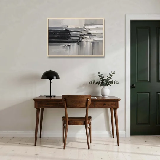 Contemporary Black and White Colliding Impasto Slabs - Oak Framed Canvas Wall Art - Office - 36x24