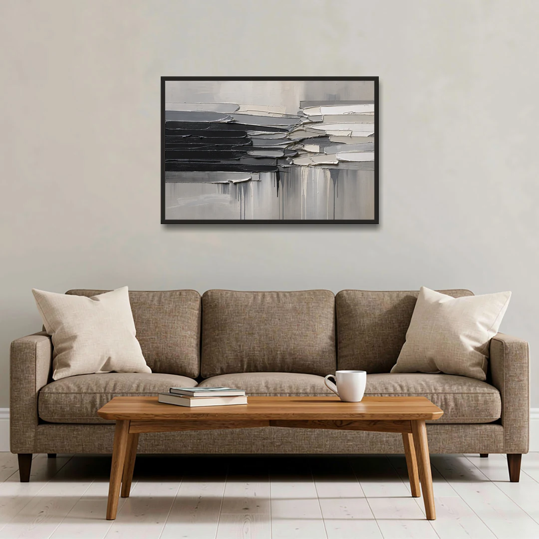 Contemporary Black and White Colliding Impasto Slabs - Black Framed Canvas Wall Art - Sofa - 36x24