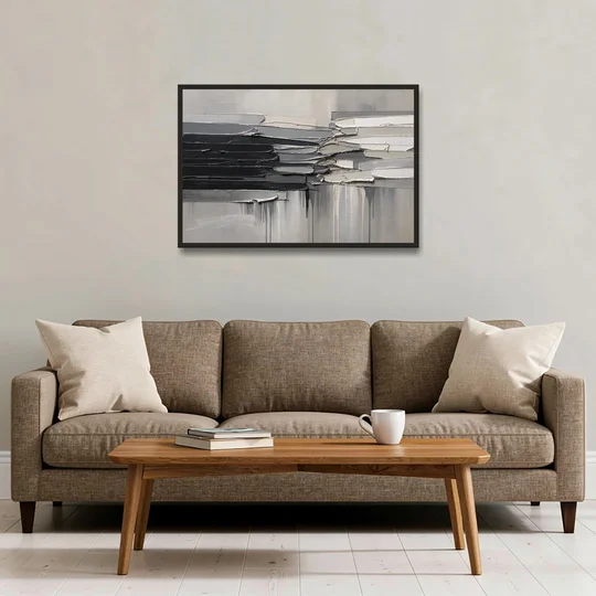 Contemporary Black and White Colliding Impasto Slabs - Black Framed Canvas Wall Art - Sofa - 36x24