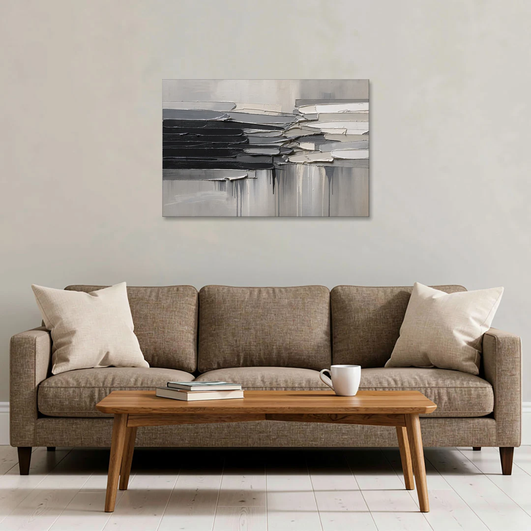 Contemporary Black and White Colliding Impasto Slabs - Canvas Wall Art - Sofa - 36x24
