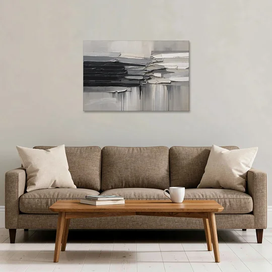 Contemporary Black and White Colliding Impasto Slabs - Canvas Wall Art - Sofa - 36x24