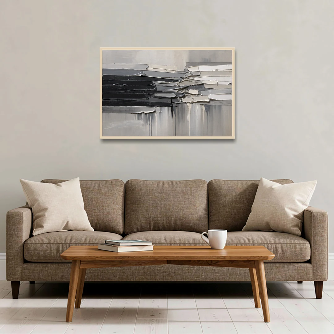 Contemporary Black and White Colliding Impasto Slabs - Oak Framed Canvas Wall Art - Sofa - 36x24
