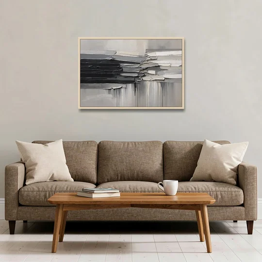Contemporary Black and White Colliding Impasto Slabs - Oak Framed Canvas Wall Art - Sofa - 36x24
