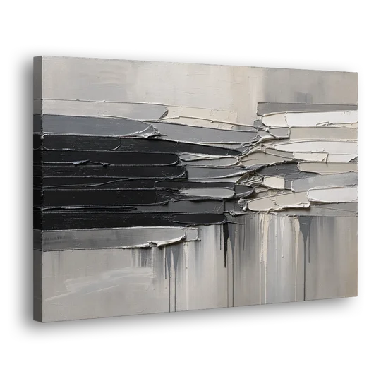 Contemporary Black and White Colliding Impasto Slabs - Canvas Wall Art - Side