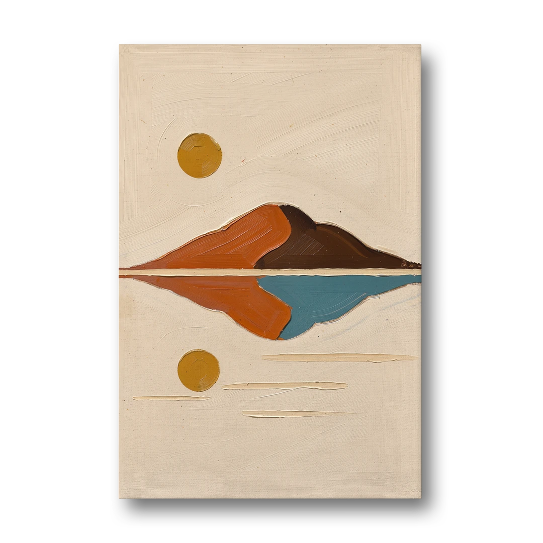 Color Block Painting of a Mirrored Terracotta Mountain - Canvas Wall Art - Front