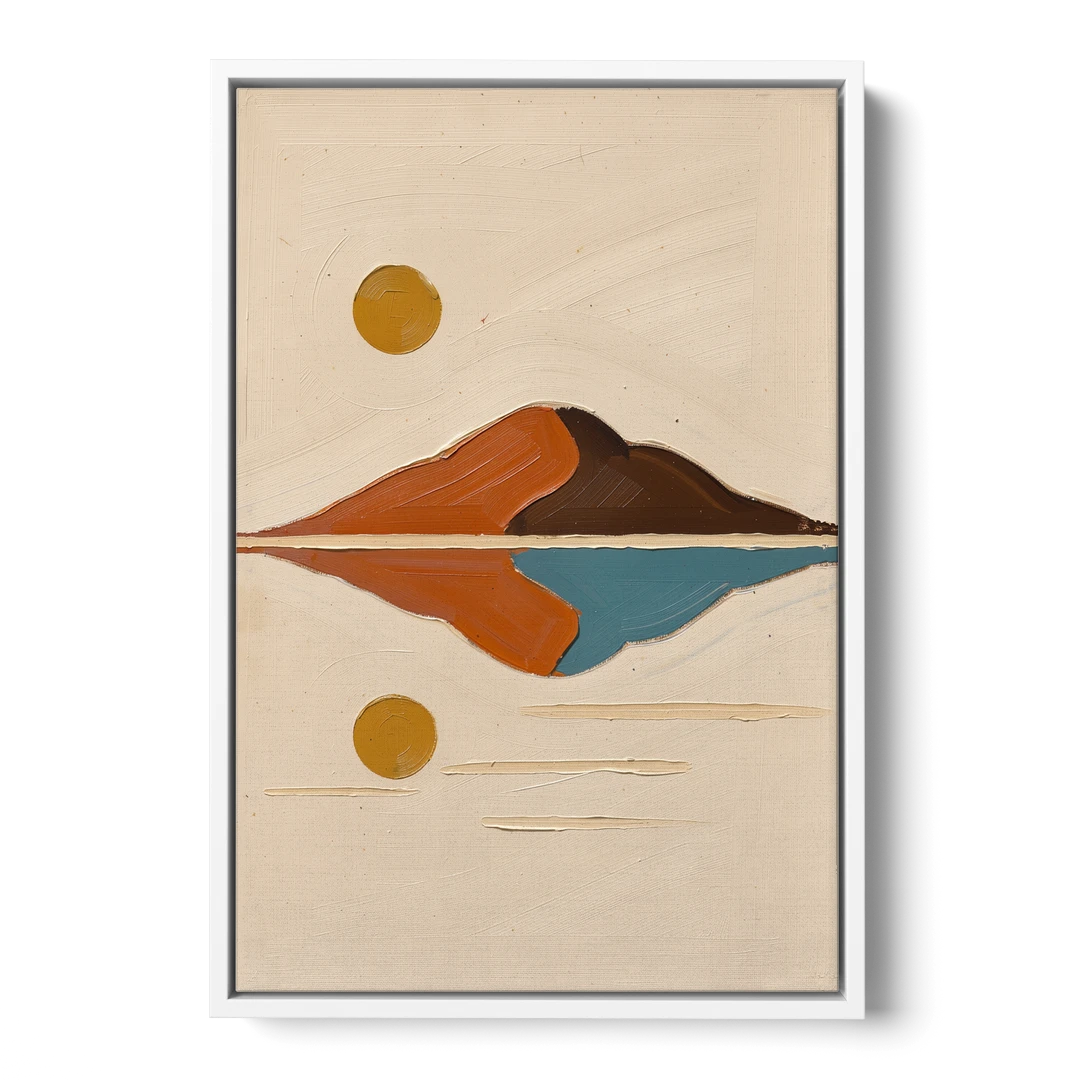 Color Block Painting of a Mirrored Terracotta Mountain - White Framed Canvas Wall Art - Front