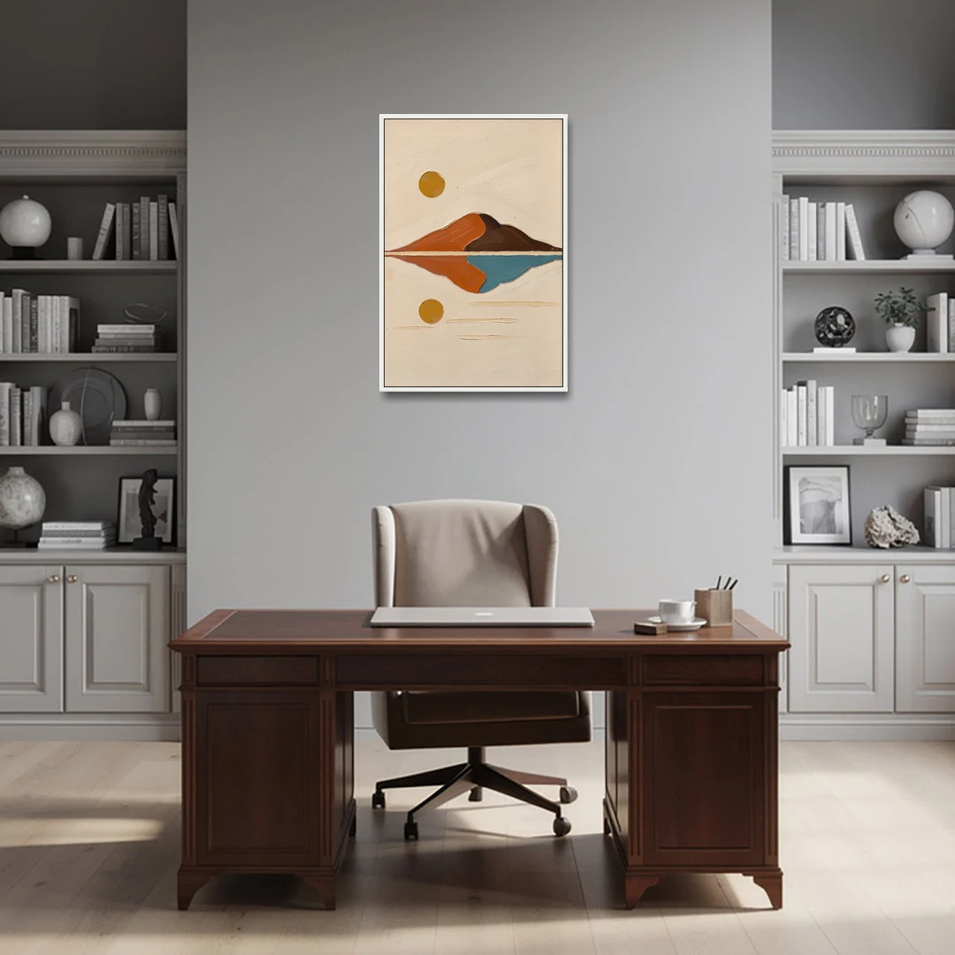 Color Block Painting of a Mirrored Terracotta Mountain - White Framed Canvas Wall Art - Office - 24x36